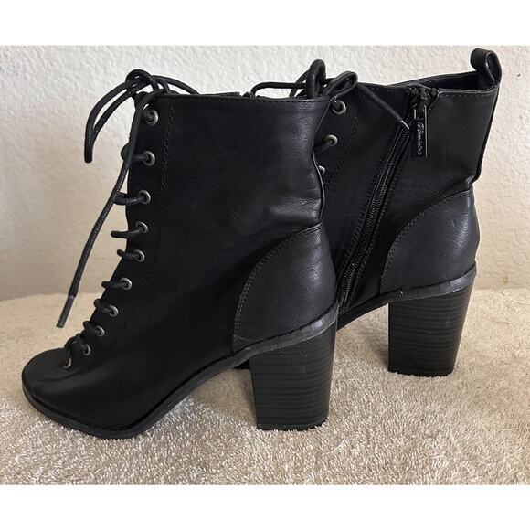 Breckelles Tina-15 SZ 8 Black Lace Up Boot Open Toe Block Heel Zip Faux Leather - Picture 5 of 16